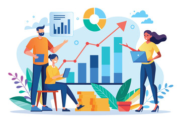 A group of people standing around a table, analyzing growth charts, Employees analyze growth charts, Simple and minimalist flat Vector Illustration