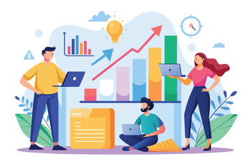 Group of people standing around table with laptops, analyzing growth charts together, Employees analyze growth charts, Simple and minimalist flat Vector Illustration