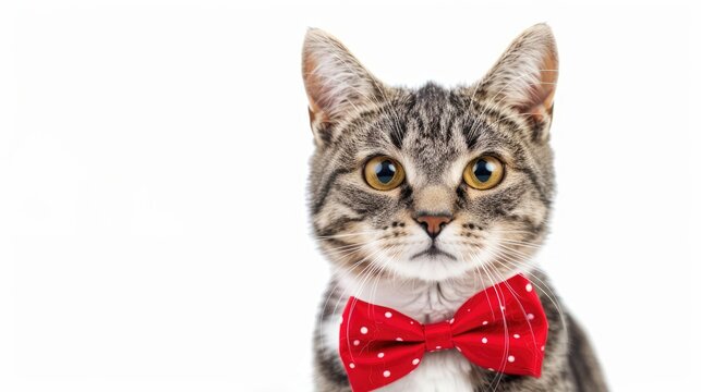 A charming Cute Cat with a red bow tie poses on a white background making it a perfect fit for greeting cards celebrating Women s Day birthdays Mother s Day and even Valentine s Day The ado