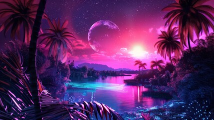 Fototapeta na wymiar Retro futuristic sci-fi illustration infused with nostalgic 90s vibes. Features neon colors of night and sunset, depicting a cyberpunk vintage scene with sun, mountains, and palms.