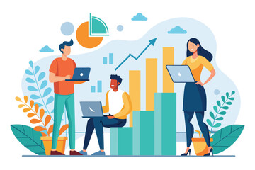 Group of people working on laptops in front of a bar chart, analyzing company growth data, Employees analyze the company's growth, Simple and minimalist flat Vector Illustration