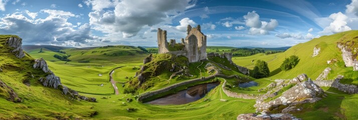 Medieval Castle Panorama Degrees of Antiquated Splendor in Verdant Scotland - obrazy, fototapety, plakaty