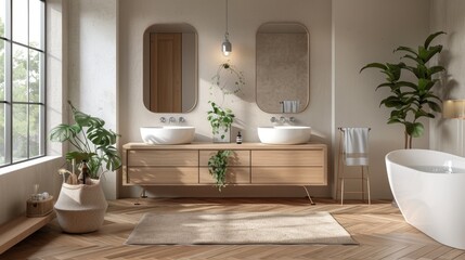 Fototapeta na wymiar bathroom interior with double sink and mirror, carpet on hardwood floor, bathtub, plants. 