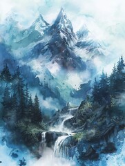Majestic Watercolor Mountain A Lone Peak Rising Above Misty Valley and Forested Slopes