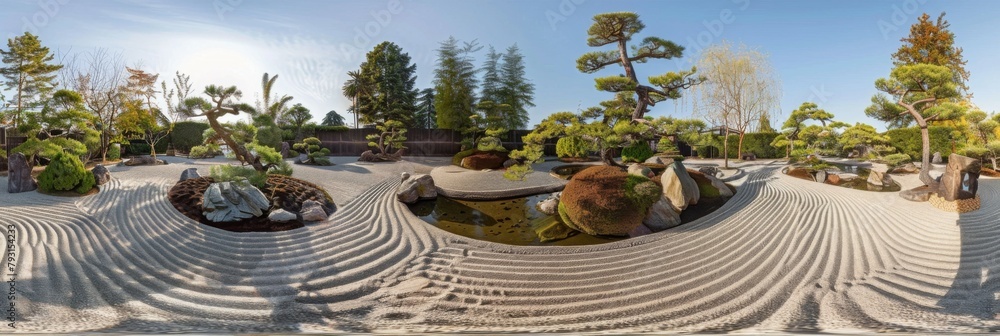 Poster Serene Degrees Panoramic View of a Meticulously Designed Zen Garden