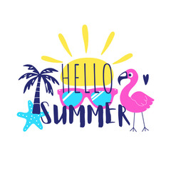 Hello summer bright poster. Lettering, palm, flamingo, sun, sunglasses and starfish on white. Trendy tropical design for print, poster, card. Vector illustration.