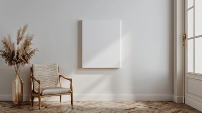 A white room with a chair and a vase. The room is empty and has a simple, clean look