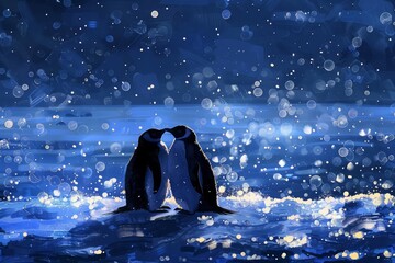 Penguins huddle together for warmth on a glittering icy shore, their silhouettes stark against the cold blue of the winter ocean, demonstrating natures camaraderie, art concept - obrazy, fototapety, plakaty
