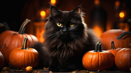 Spooky black cat with glowing eyes lurks among pumpkins and candles, embodying the haunting spirit of Halloween in a moody, atmospheric scene.