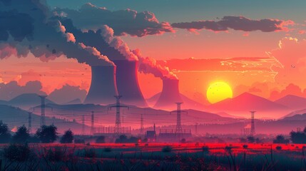Cooling tower of a nuclear power station. Low poly rendering of an ecosystem pollution saving planet. Modern illustration of a radioactive nuclear reactor. - obrazy, fototapety, plakaty