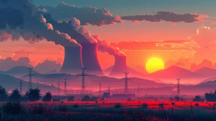 Foto op Plexiglas Cooling tower of a nuclear power station. Low poly rendering of an ecosystem pollution saving planet. Modern illustration of a radioactive nuclear reactor. © Diana