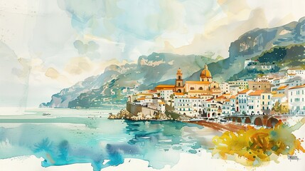 This is a painting of a coastal town on a sunny day. The town is built on a cliffside and there are mountains in the background.