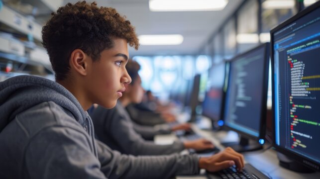 Focused students work on computers in a technology class, coding and developing software as part of their education. AIG41