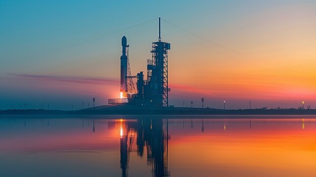 As dawn breaks, a space rocket stands ready for launch, its silhouette outlined against the awakening sky, painted in hues of pink, orange, and blue
