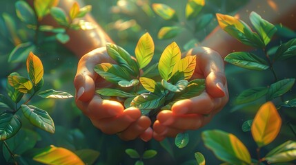 Hands holding plant sprouts. Low polygon triangles modern illustration. Save the planet, nature, and environment. - obrazy, fototapety, plakaty