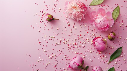 Capture the essence of Women s Day with a stunning top down shot featuring delicate pink peony rose buds and sprinkles set against a soft pastel pink backdrop leaving ample space for your m
