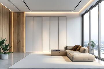 Modern interior of the living room with white and wood sliding doors wardrobe in modern style