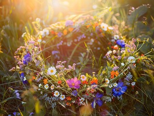 An enchanting scene featuring a wreath of meadow flowers set in a summer garden against a natural, sunlit background. This floral crown serves as a symbol of Summer Solstice Day 