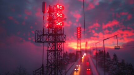 Antenna cellular antenna modern illustration showing a 3D base station. Telecom tower 5G polygonal design. - obrazy, fototapety, plakaty