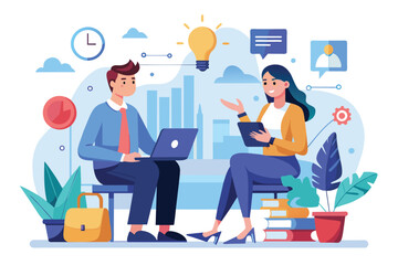 A man and a woman sitting on a bench, engaged in a discussion while working on a laptop, entrepreneurs discussing business development, Simple and minimalist flat Vector Illustration