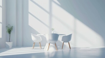 A white room with a table and three white chairs. The chairs are arranged around the table, and there is a potted plant in the room. The room has a clean and minimalist design - obrazy, fototapety, plakaty