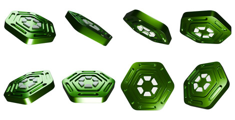 3d render of green hexagon game chip with white recycling symbol on it, glossy metal texture, on...
