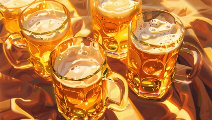 A closeup illustration of several beer mugs filled with golden yellow ale, creating an attractive and inviting atmosphere for the viewer Generative AI - obrazy, fototapety, plakaty