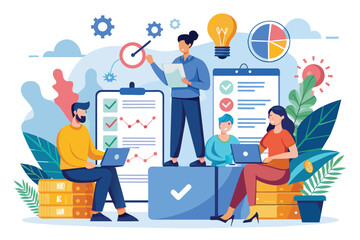 Group of People Reviewing Checklist on Clipboard, Entrepreneurs plan tasks and business goals with employees for business success, flat illustration