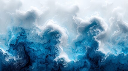   A painting of swirling blues and whites against a white and blue backdrop, featuring a sky in the background
