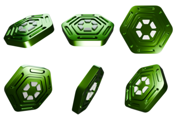 3d render of green hexagon game chip with white recycling symbol on it, glossy metal texture, on transparent background. PNG