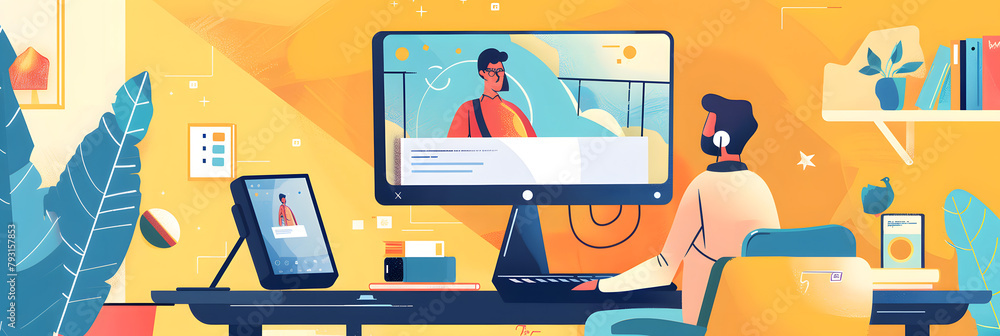 Poster manager remotely onboarding a new team member, with a close-up on the welcoming video call and the o