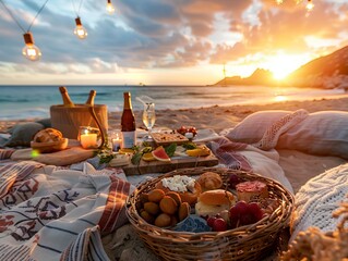 An idyllic scene showcasing a beautiful summer picnic unfolding at sunset on a beach. The spread includes white wine, pizza, cheese, olives, and an assortment of fresh fruits - obrazy, fototapety, plakaty