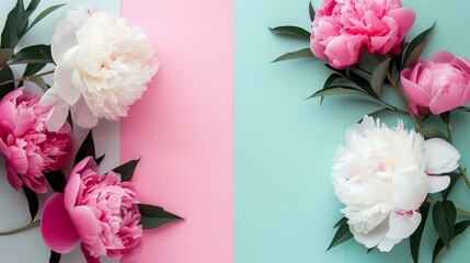 white and pink peonies frame on a color block symmetry background with copy space