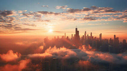 Naklejka premium City skyline shrouded in fog