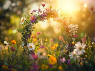 An enchanting scene featuring a wreath of meadow flowers set in a summer garden against a natural, sunlit background. This floral crown serves as a symbol of Summer Solstice Day  - obrazy, fototapety, plakaty