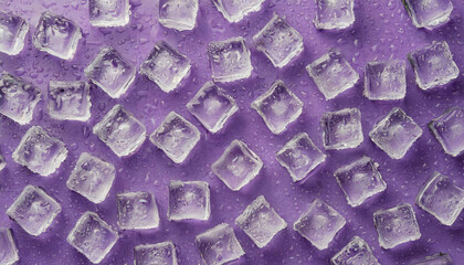 Melting ice cubes isolated on purple background. Frozen water blocks. Flat lay