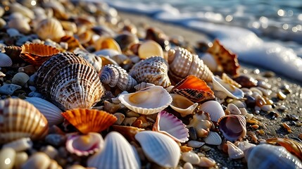 A cluster of colorful seashells scattered across the sandy beach, their intricate patterns and vibrant hues glistening under the sun