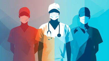 illustration medical professionals with diverse roles in colorful silhouette, professional team, teamwork, medical artwork

