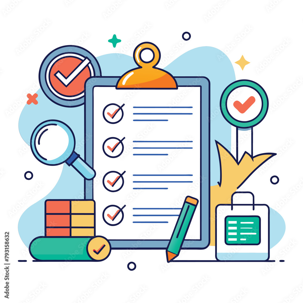Poster a clipboard with a checklist on it and a magnifying glass inspecting the items listed, evaluation of