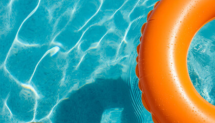 Detail of orange inflatable ring floating in swimming pool in sunny day. Full screen and space for text, top view.