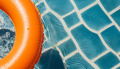 Detail of orange inflatable ring floating in swimming pool in sunny day. Full screen and space for text, top view.