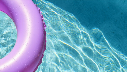 Purple inflatable ring floating in swimming pool in sunny day. Full screen and space for text, top view, macro.