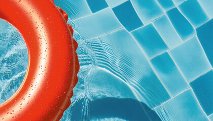 Red inflatable ring floating in swimming pool in sunny day. Full screen and space for text, top view, macro.
