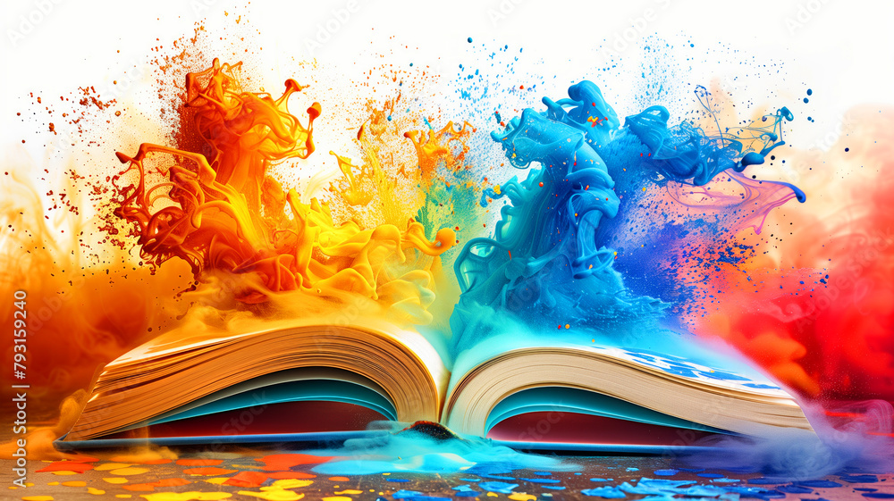 Poster a book is open to a page with a splash of color. a colorful image that represents the concept of a s