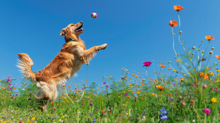 Joyful Golden Retriever Catching Ball in Flower Field with the blue sky in the back