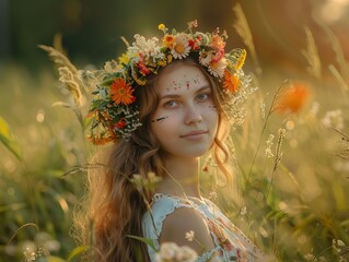 An idyllic image featuring a girl adorned with a flower wreath, situated in a meadow against a backdrop of sunny, verdant greenery.  - obrazy, fototapety, plakaty