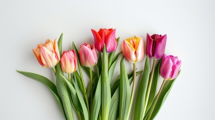Obraz premium Celebrate special occasions with a vibrant bouquet of tulips blooming against a crisp white backdrop perfect for Women s Day Mother s Day or birthdays