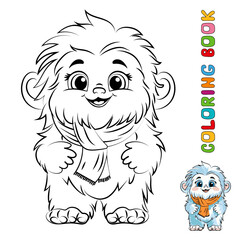 Cute cartoon yeti. Drawing for coloring. Vector contour illustration isolated on a white background. A page of a coloring book with a color sample.
