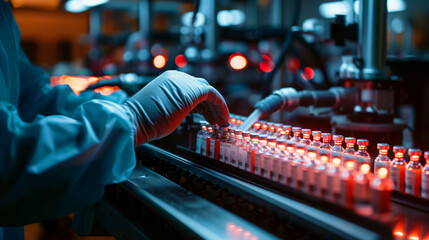 A close-up captures the worker's hands as they adjust a row of pre-filled syringes on the conveyor belt, each one a vital component in the process of medical drug manufacturing.