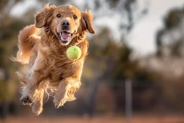 Golden Retriever Dog Catching Tennis Ball in Mid-Air, Sunset Light with Text Space